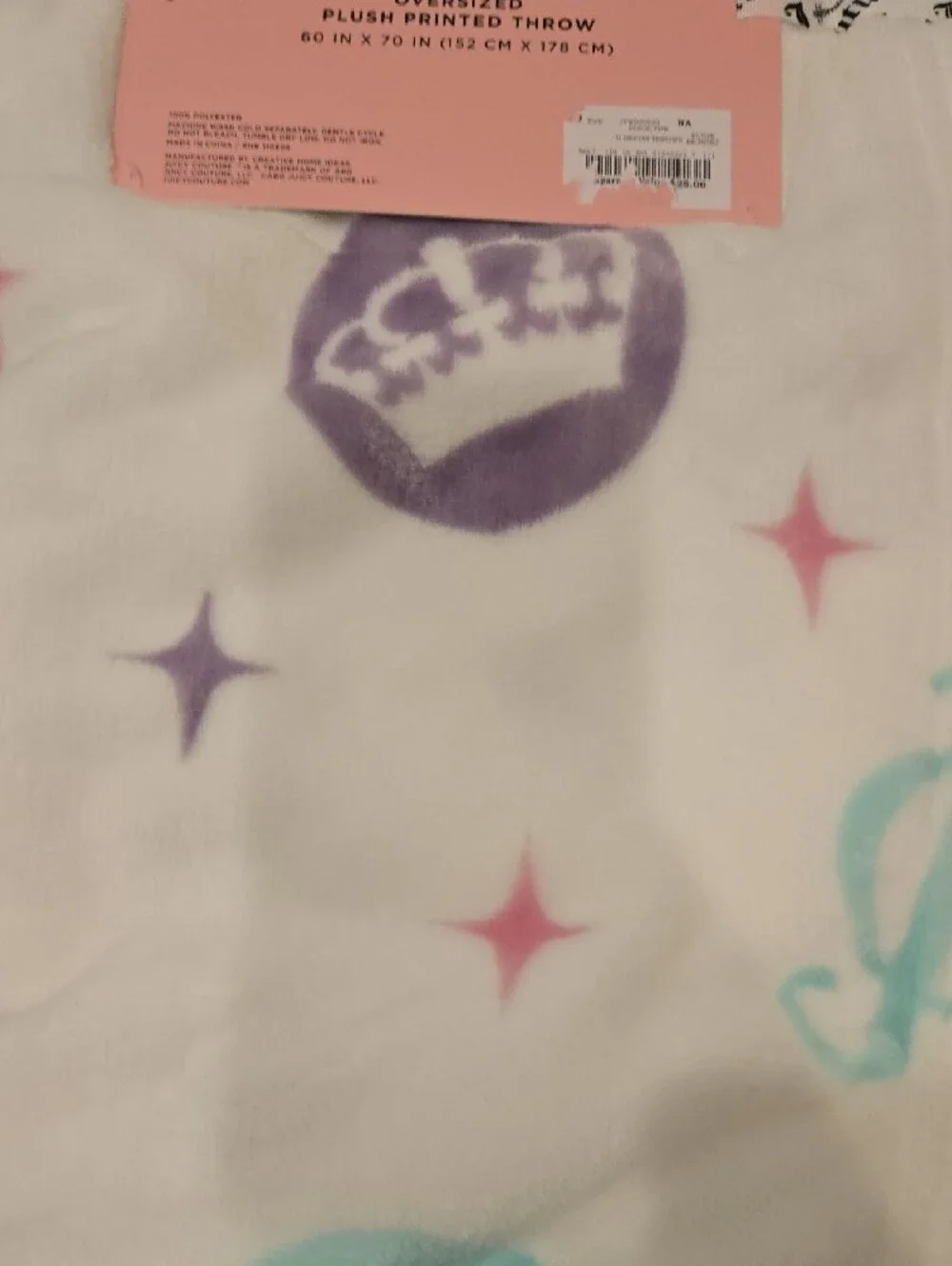 Juicy Couture Plush Printed Throw in White with Teal Pink and Lavender Accents